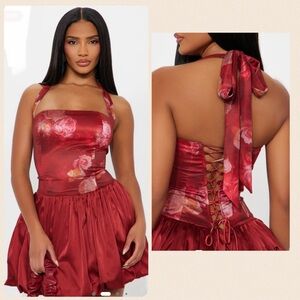 BRAND NEW Thalia Floral Satin Mini Dress - Burgundy Size JL